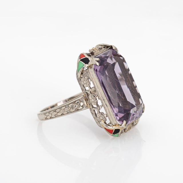 Early 20th Century Early 20th Century Vintage Art Deco Amethyst Ring Enamel Cocktail 14k Gold Filigree Jewelry Size 7 For Sale - Image 5 of 7