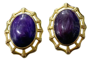 Vintage Large Clip on Oval Purple & Gold Tone Chunky Earrings Retro Statement