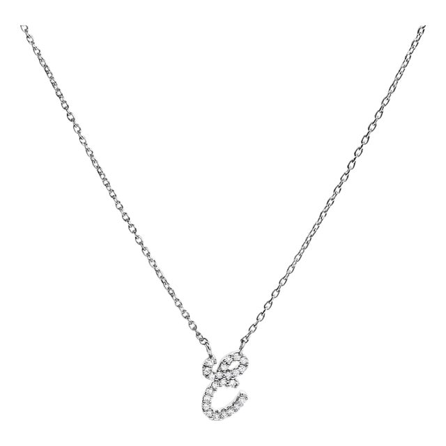 10K White Gold Diamond Accent "E" Initial Script Style Pendant Necklace For Sale