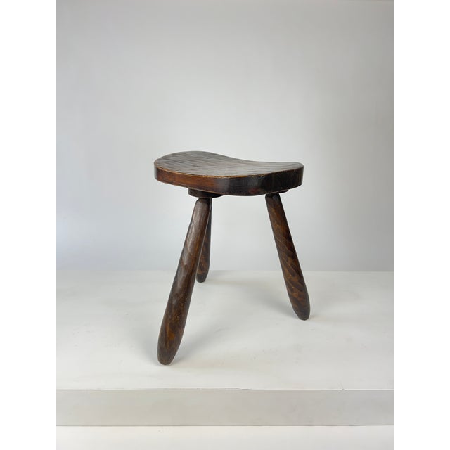 Brown Vintage Brutalist Rustic Carved Wood Tripod Stool, France, 1930s For Sale - Image 8 of 12