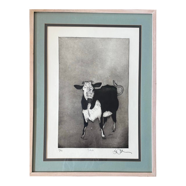 Large Framed Etching of a Black and White Cow For Sale