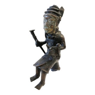 Vintage Benin Bronze Oba King Soldier Nigeria African 9" H For Sale