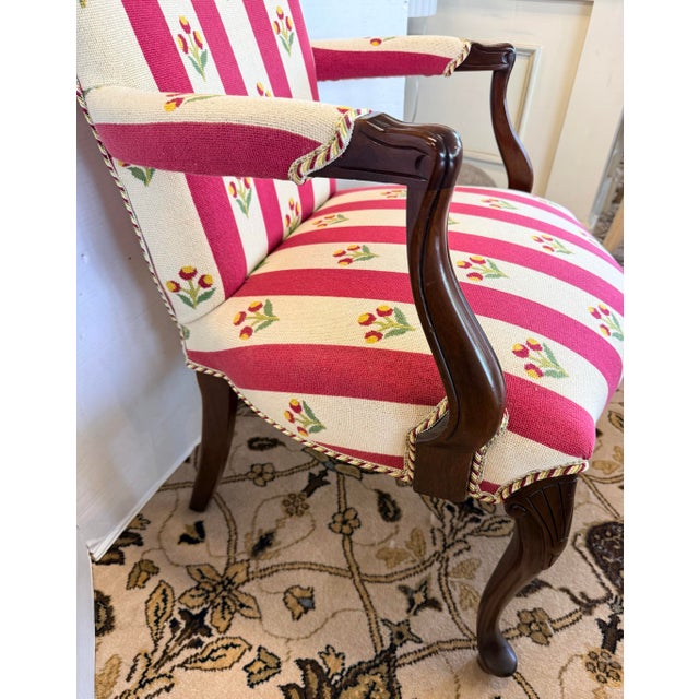 French Bergere Arm Chair With Red Stripe Upholstery For Sale - Image 4 of 6