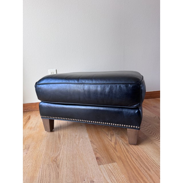 Lee Industries Custom Colonnade Blue Leather Ottoman With Nailhead Trim For Sale - Image 6 of 9