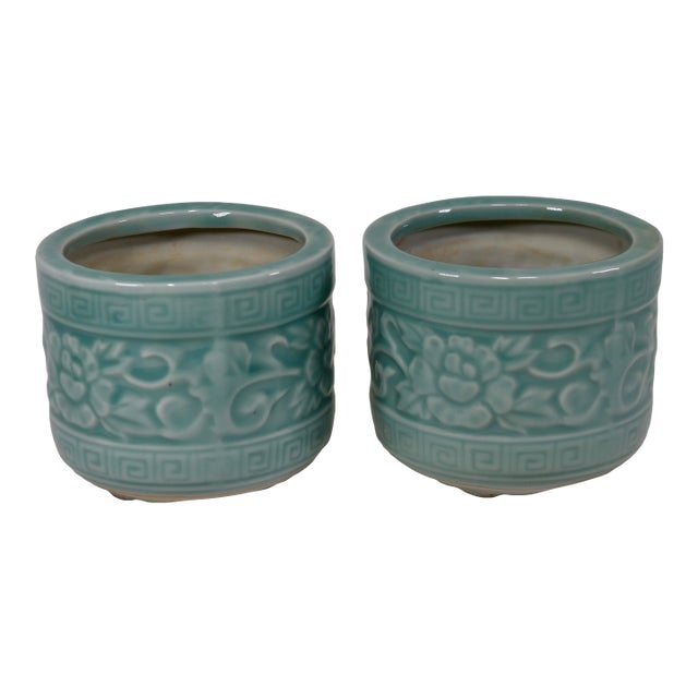 Late 20th Century Celadon Small Planter/Brush/Incense Pot-a Pair For Sale