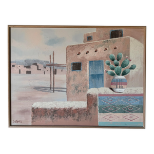 1980s Vintage Southwestern Pueblo Scene Acrylic on Canvas Painting by Lee Reynolds