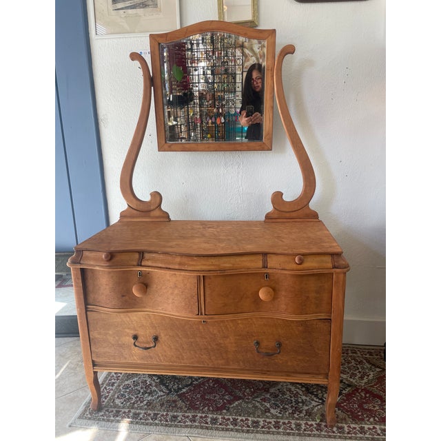 Antique Victorian Walnut Dresser With Swan-Neck Mirror Serpentine Front For Sale - Image 4 of 9