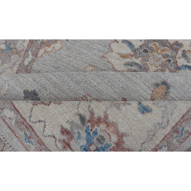 Floral Modern Oushak With Muted Gray Background and Cream Border For Sale - Image 11 of 13