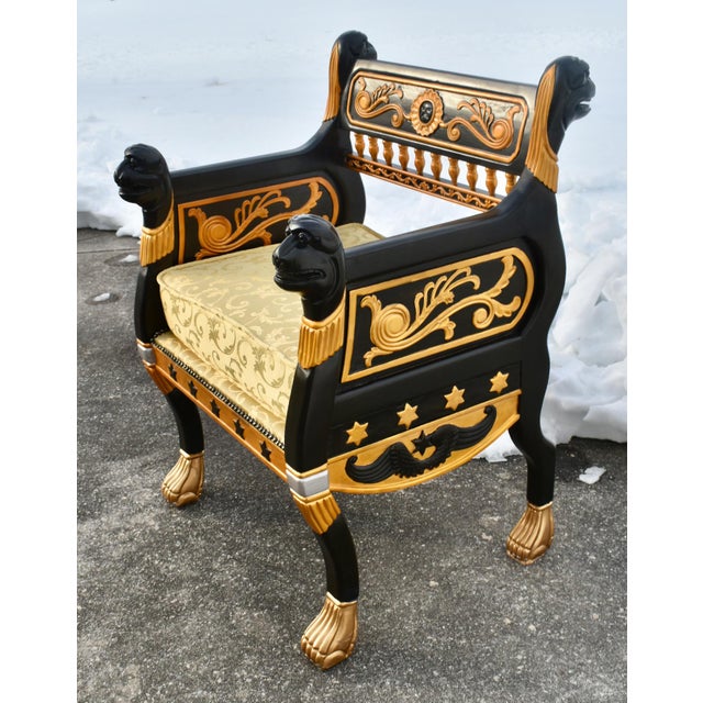 Vintage Ornate Egyptian Revival Black & Gold Chair W/Lion Heads For Sale - Image 10 of 12