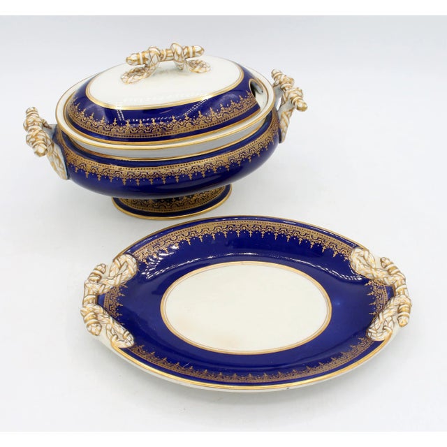 Circa 1880 Ironstone Covered Sauce Tureen with Undertray by Ashworth. Gilded "ropes" provide the finial & handles. Pattern...