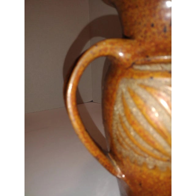 Chestnut Studio Pottery Pitcher With Incised Leaf Decoration and a Speckled Glaze For Sale - Image 8 of 10