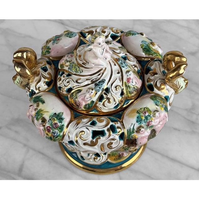 1970s Vintage Italian Capodimonte Porcelain Cherub Double Handle Pedestal Bowl W/ Lid For Sale - Image 5 of 10