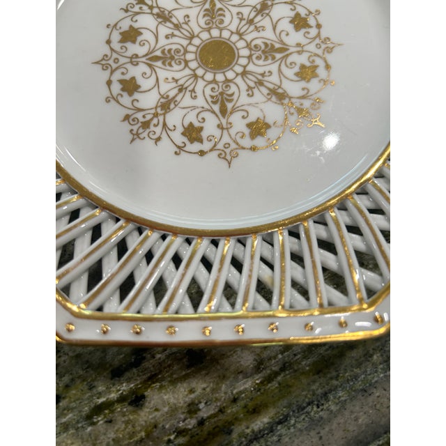 Traditional Antique Fischer & Meig Pirkenhammer Luncheon Plates - Set of 2 With Reticulated Edges and Gold Overleaf For Sale - Image 3 of 7