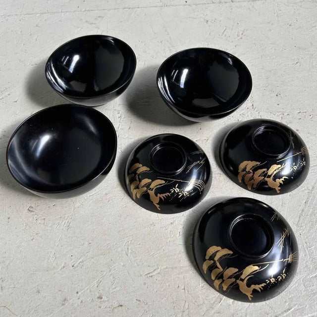 Wood Urushi Maki-E Rice Bowls, Japan, 1910s, Set of 3 For Sale - Image 7 of 12