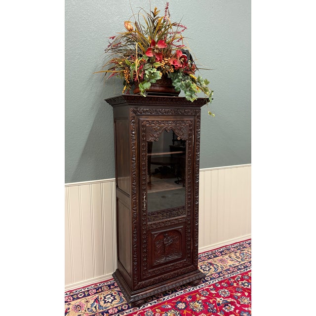 Antique French Breton Bookcase Armoire Linen Cab Wavy Glass Carved Chestnut 19th For Sale - Image 16 of 18