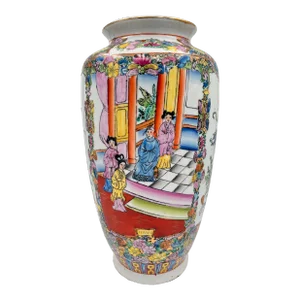 Mid Century Famille Rose Mandarin Tall Gilt Porcelain Vase