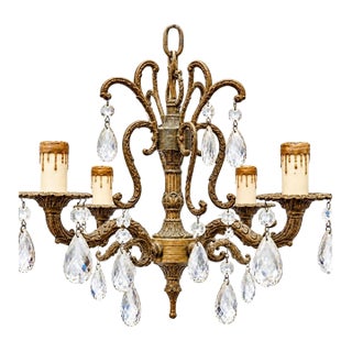 Vintage Spanish Brass & Crystal 4Light Mini Chandelier For Sale
