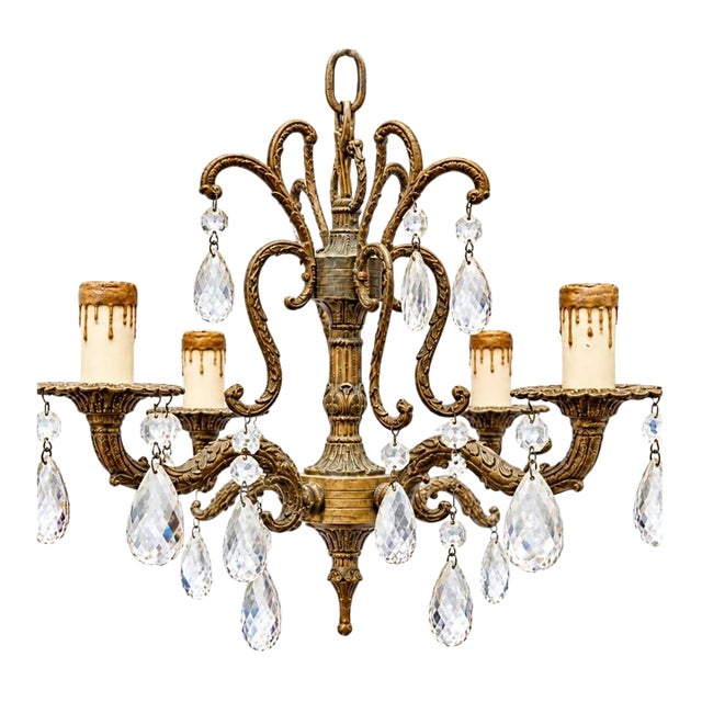Vintage Spanish Brass & Crystal 4Light Mini Chandelier For Sale