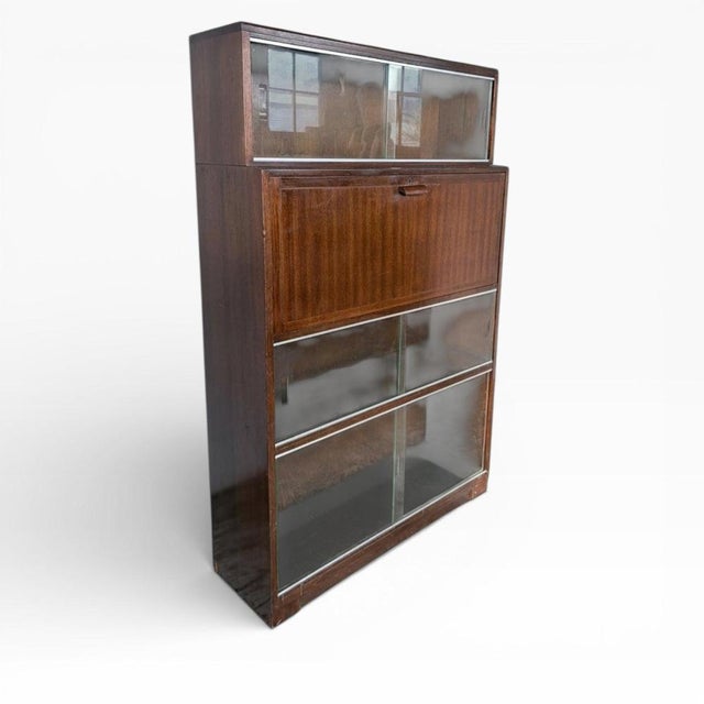 Wood Mid-Century Stacking Bookcase with Drop Front Bureau and Glass Sliding Doors For Sale - Image 7 of 7