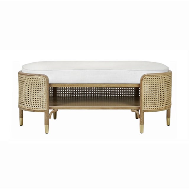English Matthew Izzo Home Beale Cerused Oak Colonial Style Bench With Woven Cane Panels, White Linen Cushion, and Open Shelf For Sale - Image 3 of 3