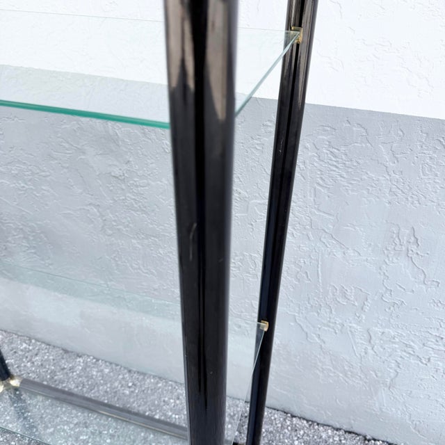 1980s Art Deco Black Lacquered Etagere With Gold Accents and Glass Shelves - A Pair For Sale - Image 5 of 12