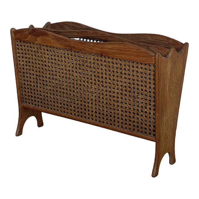 Vintage Danish Modern Oak & Cane Magazine Rack Newspaper Holder For Sale