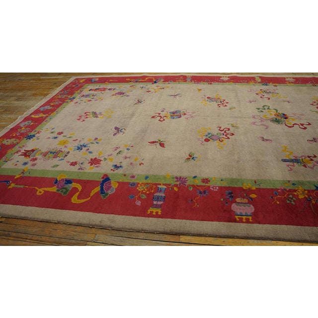 Gorgeous Tan-Ecru Ground Color With Red-Raspbery Border in a Chinoiserie Pattern Antique Chinese Art Deco Rug For Sale In New York - Image 6 of 12