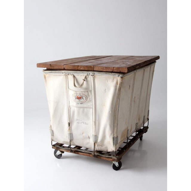 Vintage Dandux Industrial Laundry Cart With Wood Top For Sale - Image 9 of 18