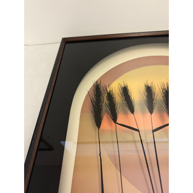 Vintage Mid Century Modern Framed Print, Sunset Gradient With Textured Wheat Silhouettes, Signed Art by Thrasher For Sale In Seattle - Image 6 of 12