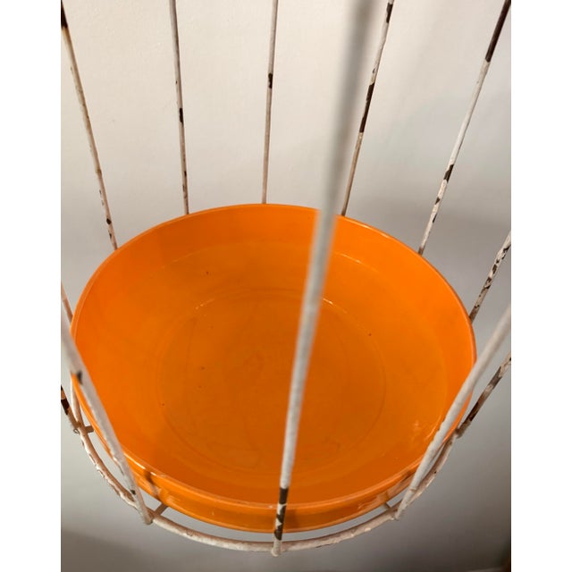 Mid-Century Modern White Wire Hanging Birdcage Plant Stand With Orange Ceramic Planter For Sale - Image 4 of 7