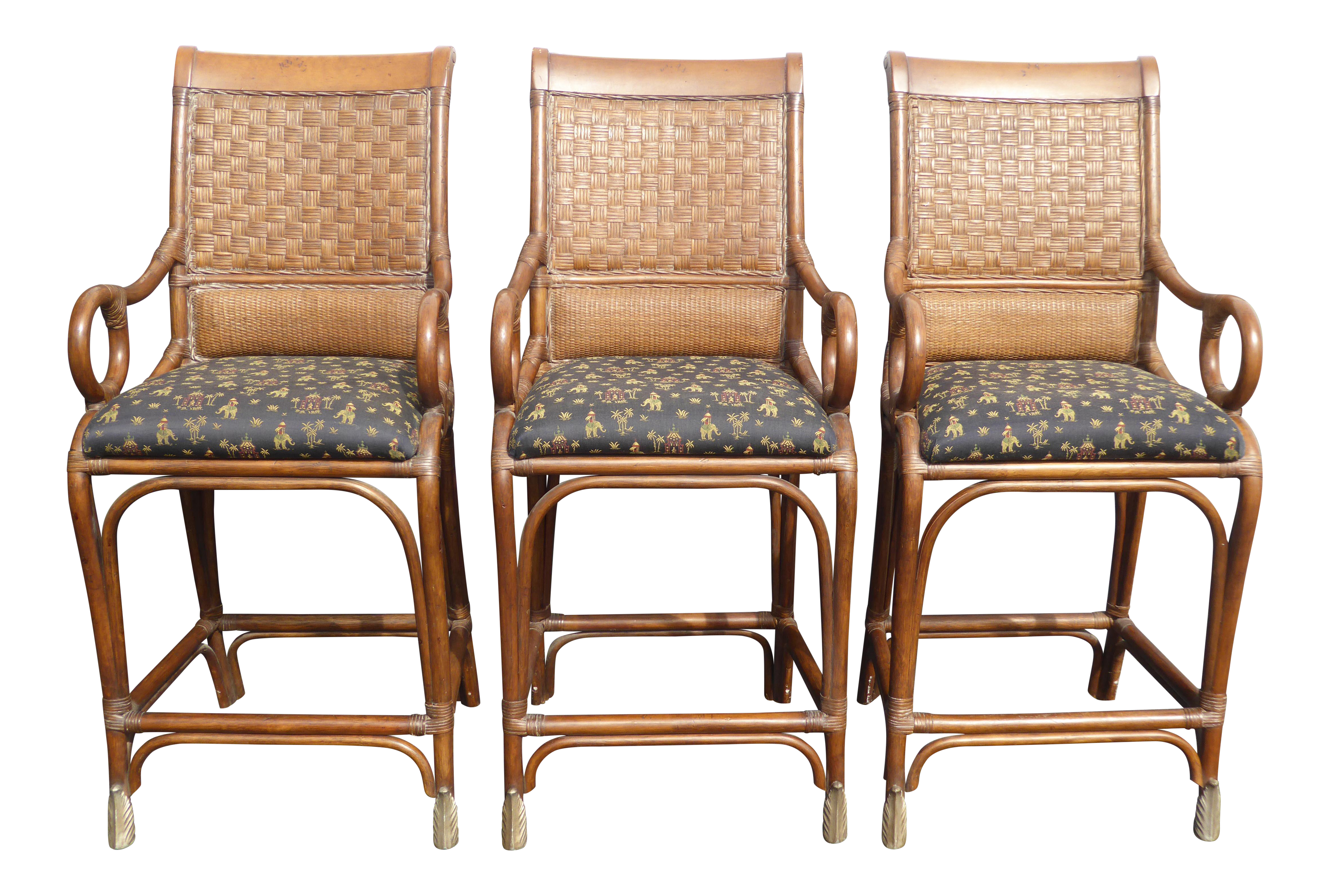 Tiki Palm Beach Style Black & Brown Bamboo Rattan Bar Stools - Set of 3 ~ Tommy Bahama Style - image 0