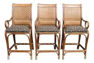Tiki Palm Beach Style Black & Brown Bamboo Rattan Bar Stools - Set of 3 ~ Tommy Bahama Style