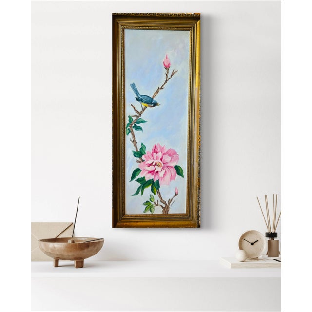 1950s 1950s Untitled Vintage Framed Signed Painting of Pink Magnolia and Blue Bird For Sale - Image 5 of 10