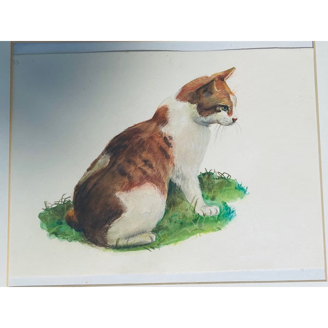 Gray 1970s Set of 4 Watercolor Cat Portraits Framed For Sale - Image 8 of 9