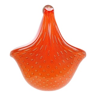 Vintage Barbini Murano Persimmon Orange Gold Flecks Italian Art Glass Mid Century Flower Basket Vase For Sale