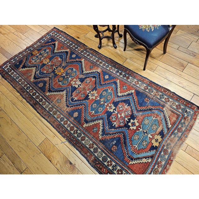 Vintage Persian Kurdish Tribal Rug, Hand-Knotted Wool, Geometric Pattern, Blue & Rust-Red, 4x8 For Sale - Image 13 of 14