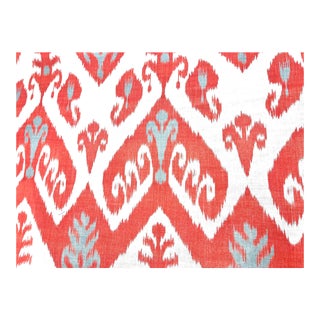 1.3 Yard Remnant Thibaut Indies Ikat Coral Blue Cream Fabric For Sale