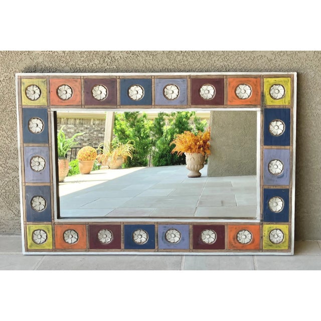 Late 20th-Century Vibrant Folk Art-Style Carved Wood Statement Mirror - Hangs Vertically or Horizontally For Sale - Image 9 of 12