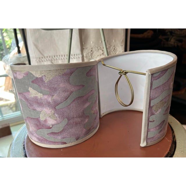 A pair of hand made clip top lamp shades in Fortuny’s iconic Camo pattern hand printed fabric