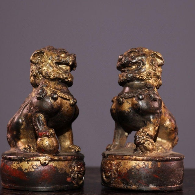 Bronze Pair Antique Chinese Gilt Bronze Foo Dog Guardian Lion Statues, Decorative Scholar’s Table Figurines For Sale - Image 8 of 9
