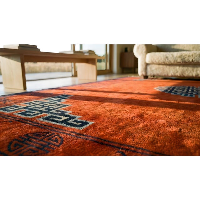 Red Strikingly Lovely Red Ground Color in a Greek Key Style Antique Chinese Mongolian Rug For Sale - Image 8 of 10