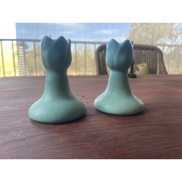 Art Nouveau Art Nouveau Van Briggle Pottery Ming Blue Matte Glaze Tulip Candlesticks - Pair For Sale - Image 3 of 4