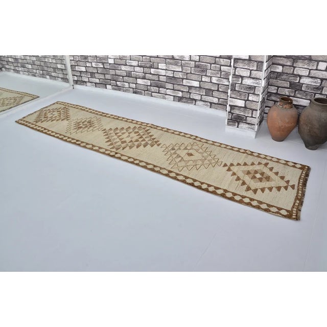 Vintage Turkish Rug, Japandi Style Neutral Geometric Runner For Sale - Image 9 of 10