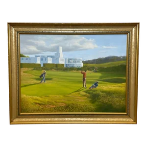 2000s English Sport Oil Painting of Golf Players Royal Birkdale Southport, Framed