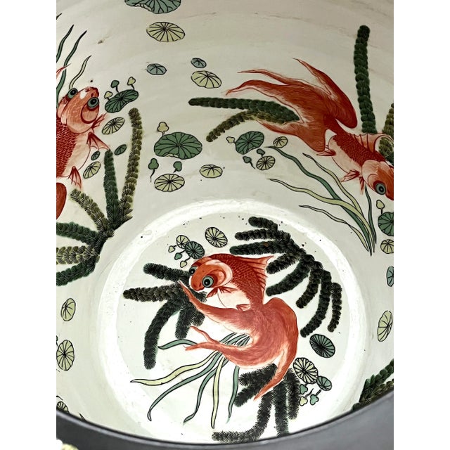 Nyonya Straits Chinese Porcelain Planters, Jardinieres, Famille Noire Black With Goldfish & Phoenix Birds, a Pair, Rosewood Stands, Early 20th Century For Sale - Image 11 of 12