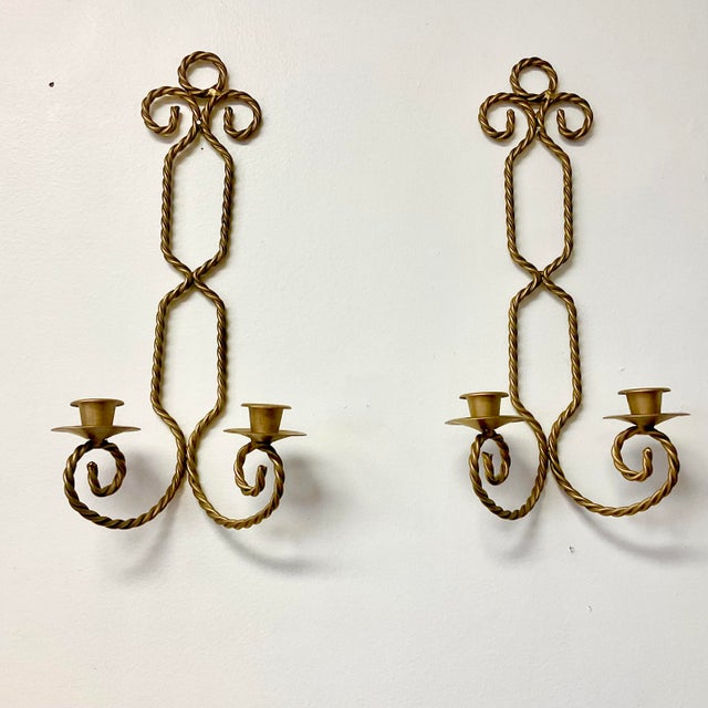1970s Vintage French Hollywood Regency Twisted Rope Candle Holder Sconces, 2 Arm - A Pair For Sale - Image 6 of 12