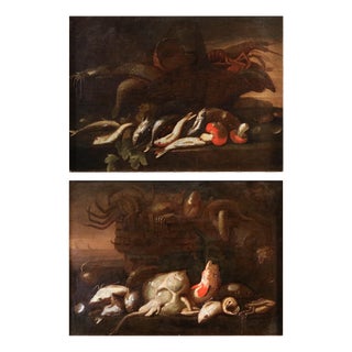 Elena Recco, Still Lifes with Fish and Shellfish, 1690, Oil on Canvas, Set of 2 For Sale