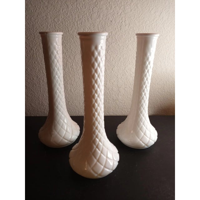 Vintage Hoosier Milk Glass Quilted Diamond Pattern Decorative Vases- Set of 3 For Sale - Image 4 of 6