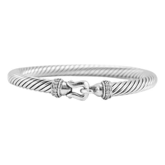 David Yurman Buckle Classic Cable Silver With Diamonds 5mm Bangle Bracelet For Sale