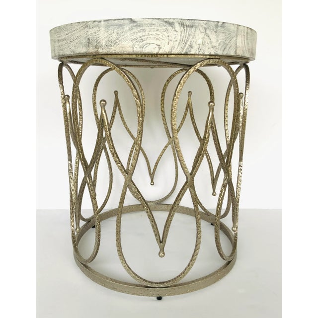 Stylish Studio a Home Modern Moroccan Side Table, hammered nickel base, Greige wood top, showroom floor sample